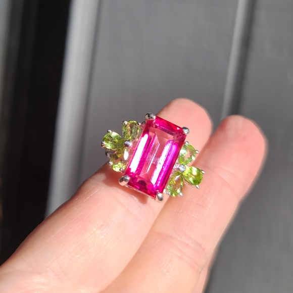 Pink Topaz massive 8k emerald cut with pear shape Peridot sterling ring sz 8 - Picture 9 of 17